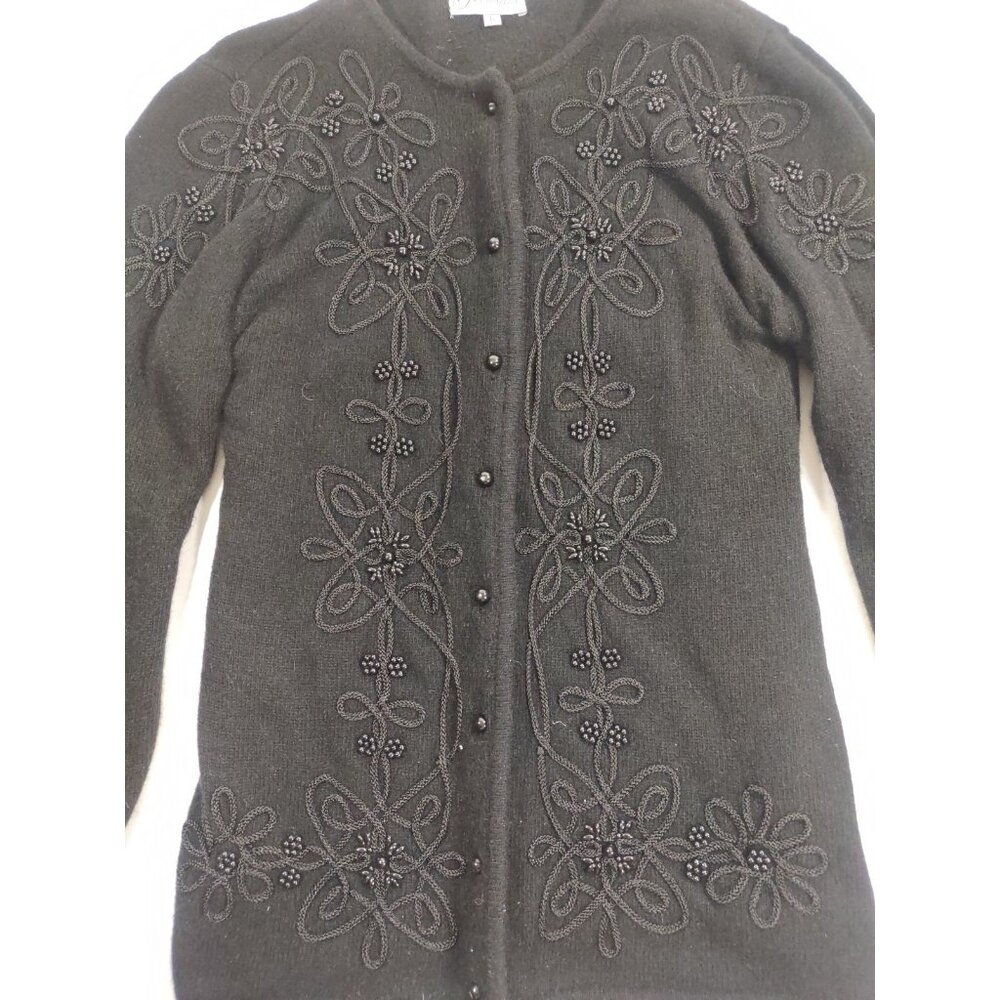 VTG Germaine Women's Beaded Embellished Black Cardigan Jacket Lambswool Angora L - Picture 4 of 5